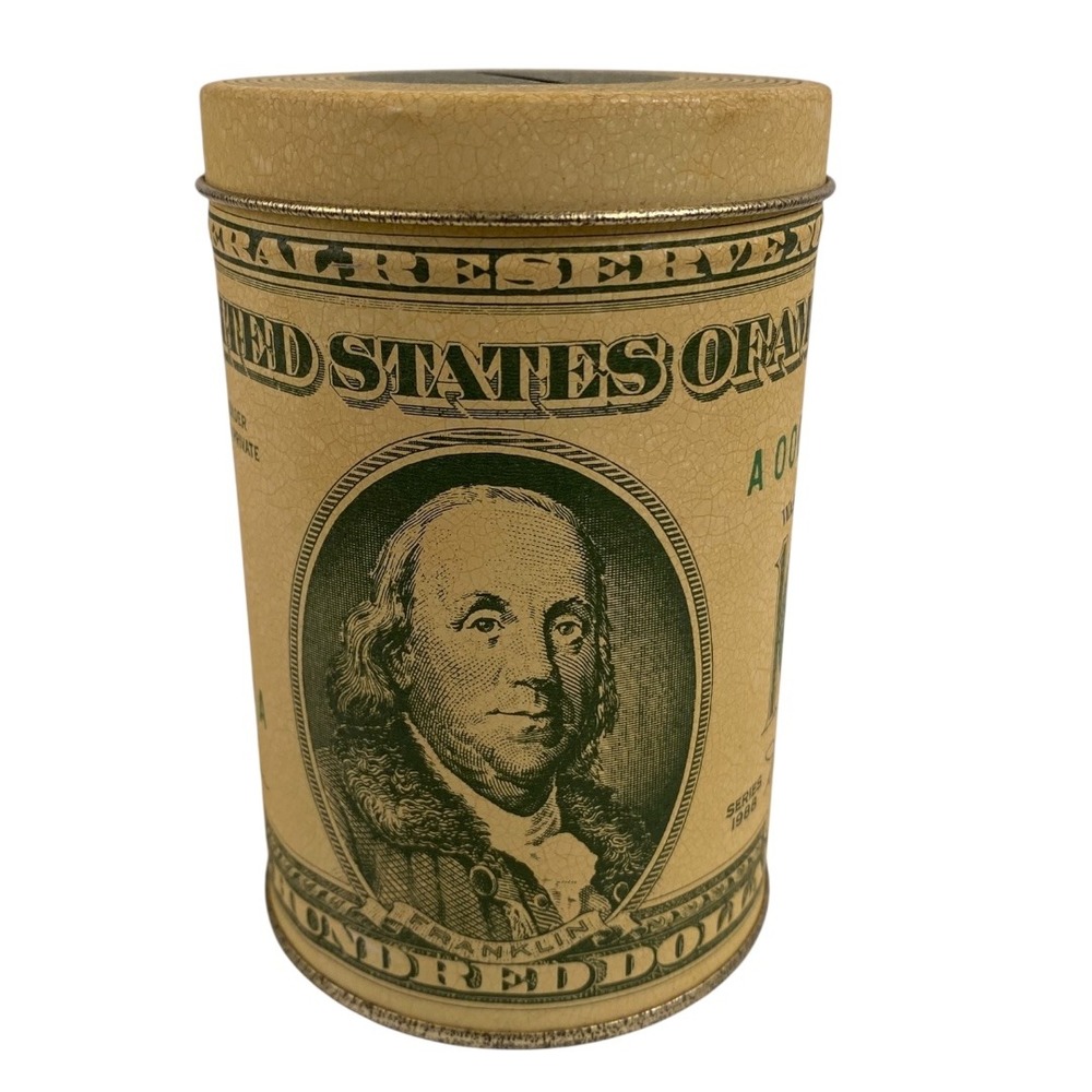 Vintage Avon United States of America Hundred Dollar Bill Coin Bank Tin F72Q